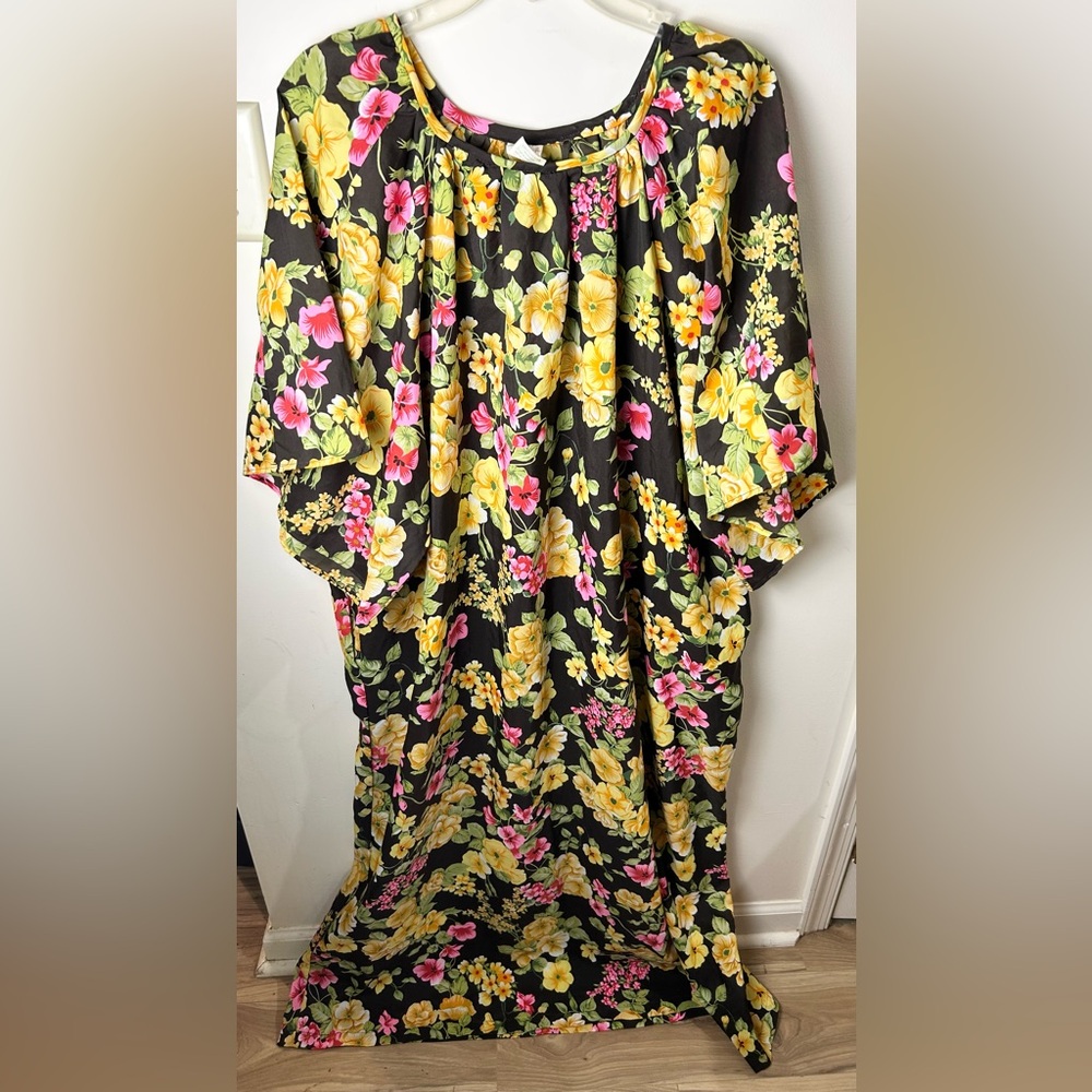Vintage La Rosa PONGEE Dress Floral BOHO XL Tropical Cruise GORGEOUS‎ RARE Flowy